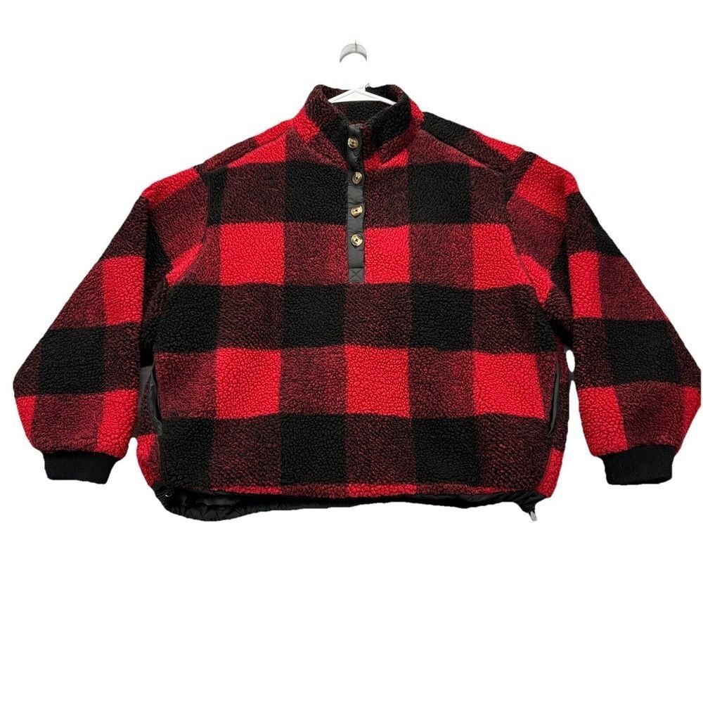American Eagle Sherpa Fleece Pullover Womens M Shacket Red Buffalo Plaid Outdoor